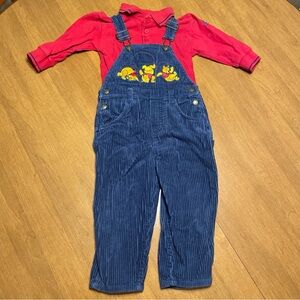 Vintage Y2K Disney Winnie the Pooh Kids 3T Blue Corduroy Overalls Red Pooh Shirt